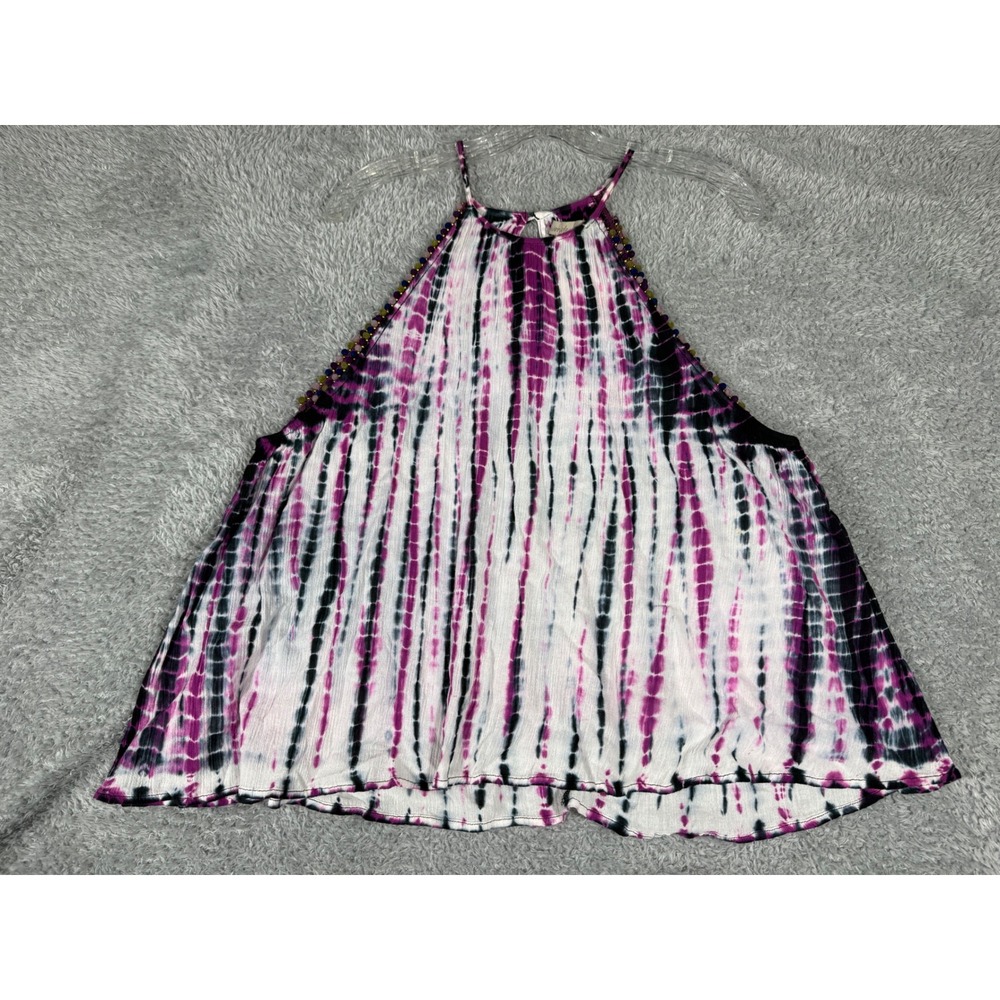 Wonderly Halter Top Womens L Purple Black Tie Dye NEW Spellbound Pom Pom Boho